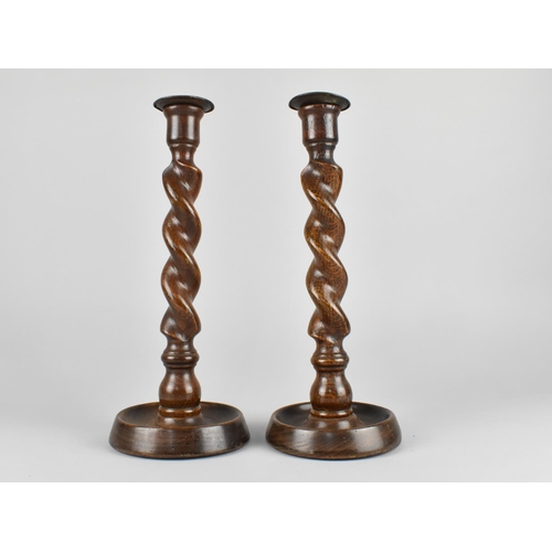 45 - A Pair of Late Victorian/Edwardian Barley Twist Oak Candlesticks, 31cms High