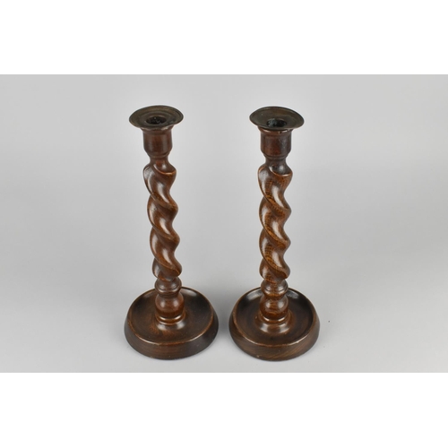 45 - A Pair of Late Victorian/Edwardian Barley Twist Oak Candlesticks, 31cms High