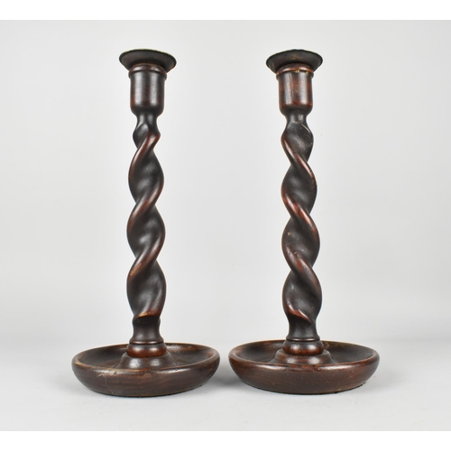 48 - A Pair of Late Victorian/Edwardian Barley Twist Oak Candlesticks, 30.5cms High