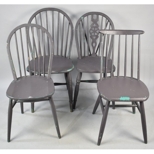 512 - Three Spindle and One Wheel Back Grey Painted Dining Chairs