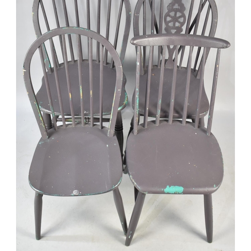 512 - Three Spindle and One Wheel Back Grey Painted Dining Chairs