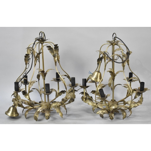 525 - A Pair of Modern Brass Five Branch Ceiling Chandelier Light Fittings, 55cms High