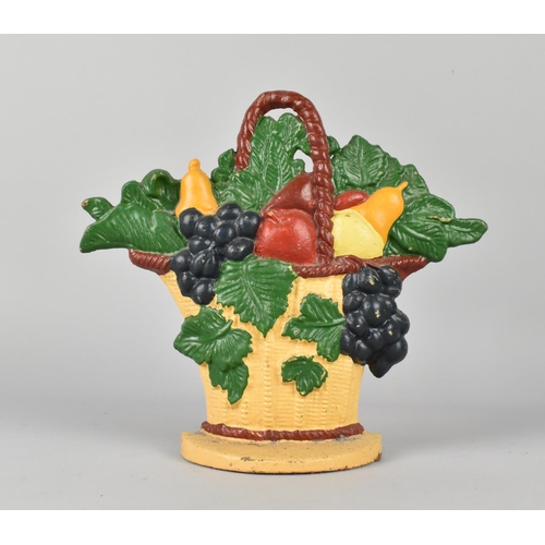 66 - A Mid 20th century Cold Painted Cast Iron Doorstop in the Form of a Wicker Basket with Fruit, 20.5cm... 