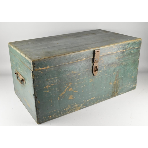 75 - A 19th Century Blue Painted Pine Carpenters Tool Box, Missing Inner Tray, 70cms Wide