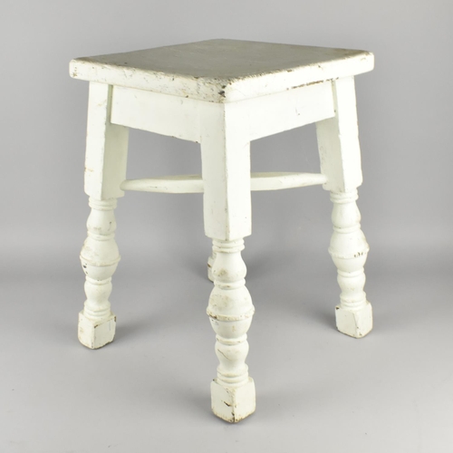 83 - A Vintage Square Topped White Painted Stool, 33cms Square and 47cms High