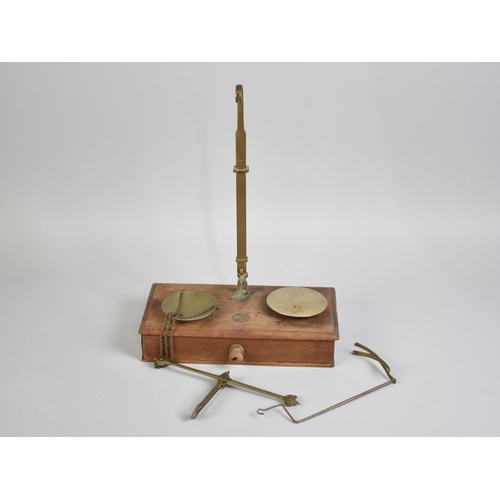 9 - A Late 19th Century Brass Pan Scale on Wooden Plinth Base with Drawer Containing Weights, 26cms Wide