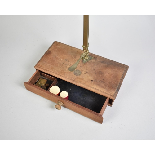 9 - A Late 19th Century Brass Pan Scale on Wooden Plinth Base with Drawer Containing Weights, 26cms Wide