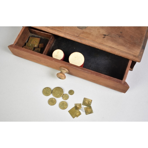 9 - A Late 19th Century Brass Pan Scale on Wooden Plinth Base with Drawer Containing Weights, 26cms Wide