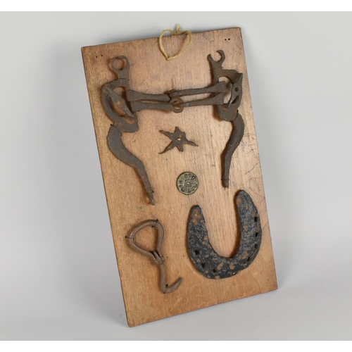 93 - A Rectangular Wooden Board Mounted with Historical Equestrian Items to Include Early Horseshoe, Fold... 