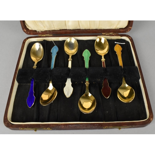 404 - Six Danish Gilt Silver and Enamelled Teaspoons by Meka, Fully Signed Verso, Complete with Box