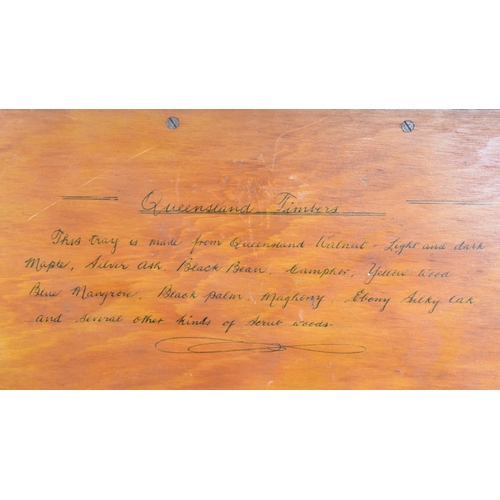 123 - An Australian Specimen Wood Rectangular Two Handled Tray with Metal Gallery, Reverse Inscribed 'This... 