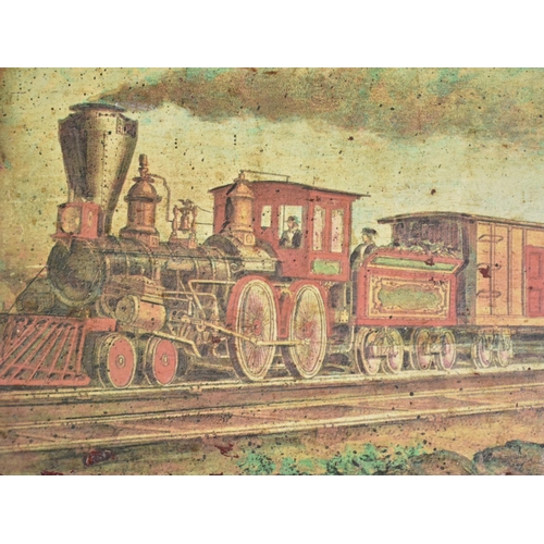 146 - A Vintage Style Painted Wooden Box with American Steam Locomotive and Carriages Decoration, 45cms Lo... 