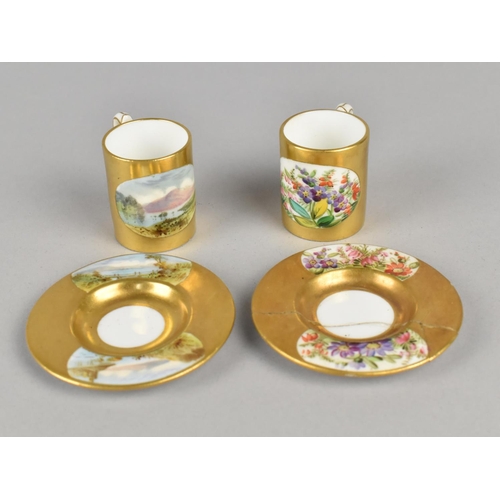 15 - A Pair of Miniature Coalport Cabinet Cans and Saucers with Hand Painted Decoration, A4546 and A3779,... 