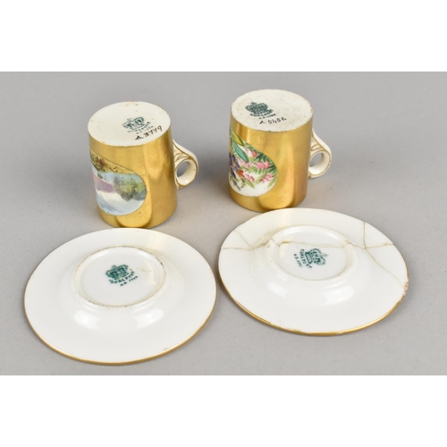 15 - A Pair of Miniature Coalport Cabinet Cans and Saucers with Hand Painted Decoration, A4546 and A3779,... 