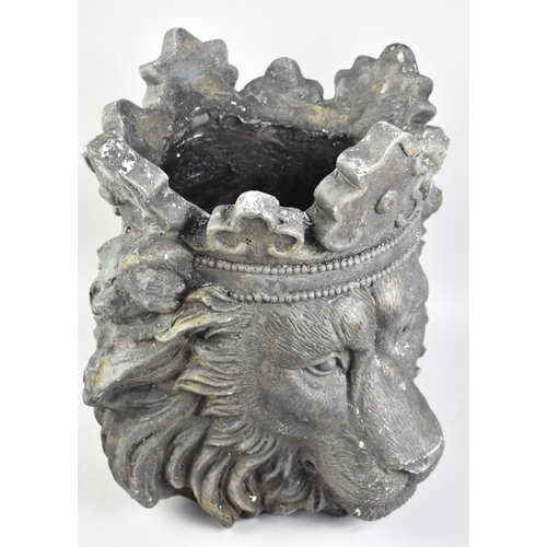 156 - A Large Composition Moulded Planter in the Form of Lion Mask with Crown, 41cms High