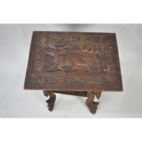 163 - A Far Eastern Carved Rectangular Occasional Table, Top Decorated with Stag, 53x40cms