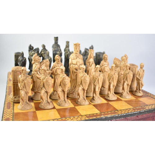 169 - A Late 20th Century Cast Resin 'Medieval' Chess Set with Piece Box with Chess Board Lid, Kings 14.56... 