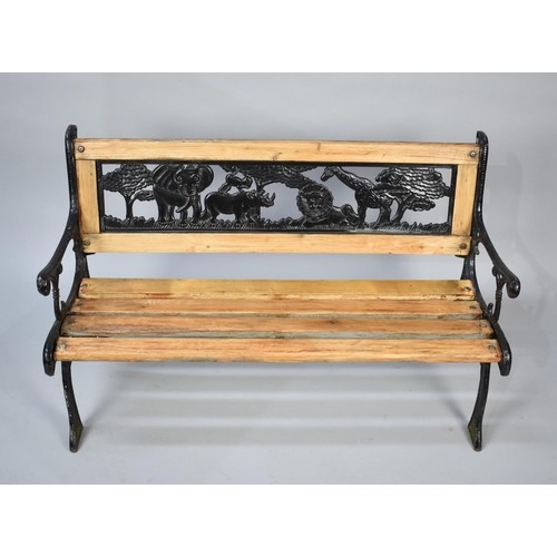 177 - A Childs Cast Iron Garden Bench, Back Decorated with African Animals, 83cms Long