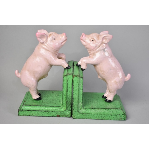 186 - A Pair of Cold Painted Cast Metal Novelty Bookends Decorated with Piglets, 14cms High