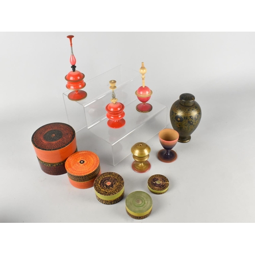 205 - A Collection of Various Indian Kashmiri Circular Boxes, Perfume Flasks and Lidded Vase