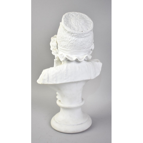 24 - A Parian Ware Bust of a Young Girl Wearing Bonnet, 30.5cms High