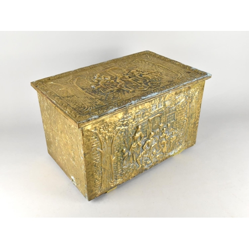 249 - A Vintage Hand Beaten Brass Slipper Box, The Hinged Lid and Front Decorated with Tavern Scenes, 43cm... 