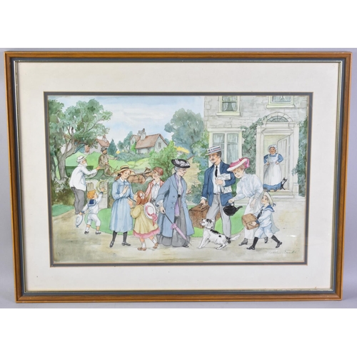 297 - A Framed Watercolour, Patience Arnold (1901 - 1991), Country House Exterior with Family, Subject 48x... 