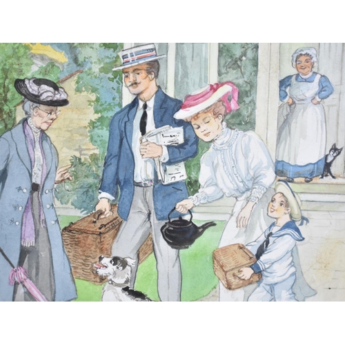 297 - A Framed Watercolour, Patience Arnold (1901 - 1991), Country House Exterior with Family, Subject 48x... 