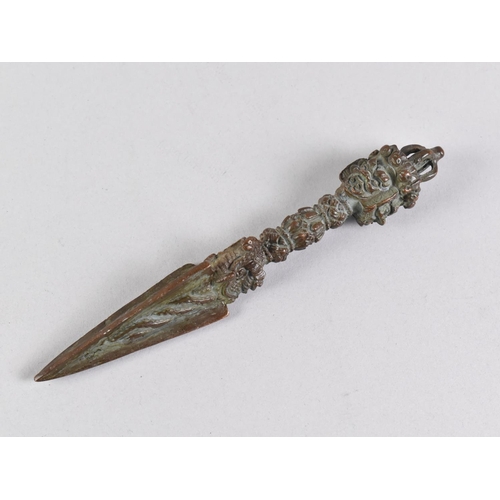 33 - A Reproduction Tibetan Bronze Three Sided Phurba Ritualistic Knife, Buddhist Origin with Mask Head D... 