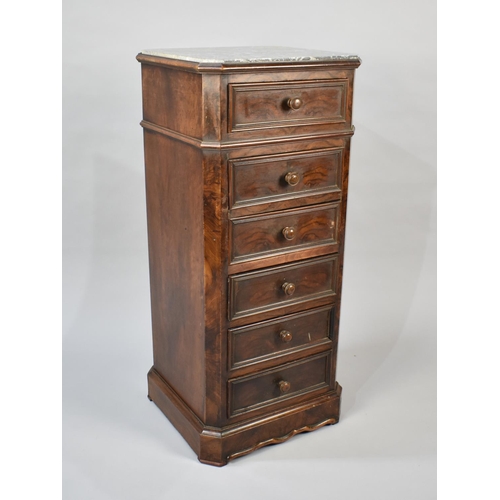 36 - A French Marble Topped Walnut Six Drawer Chest, 41cms Wide and 91.5cms High