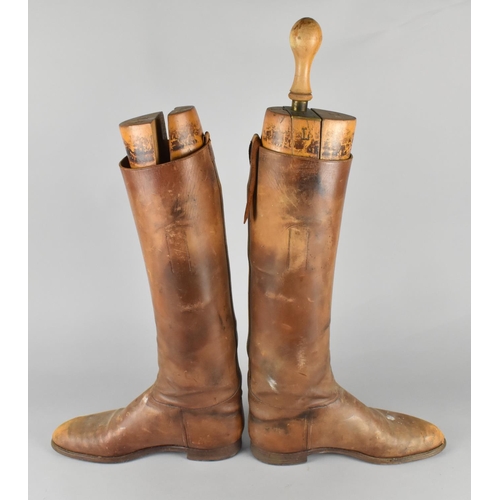 45 - A Pair of Vintage Brown Leather Riding Boots with Wooden Trees, Condition Issues to Both