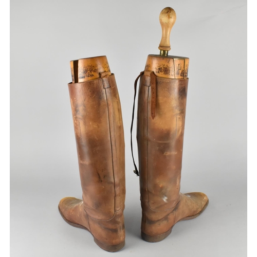 45 - A Pair of Vintage Brown Leather Riding Boots with Wooden Trees, Condition Issues to Both