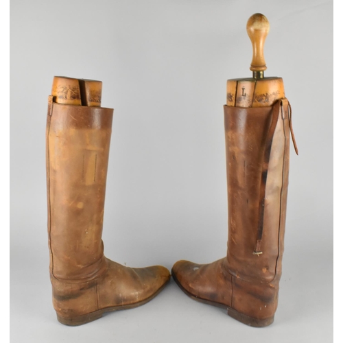 45 - A Pair of Vintage Brown Leather Riding Boots with Wooden Trees, Condition Issues to Both