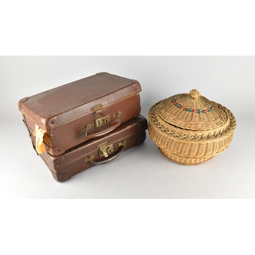 490 - A Vintage Wicker Sewing Basket with Contents Together with Two Cases Containing Various Wool etc