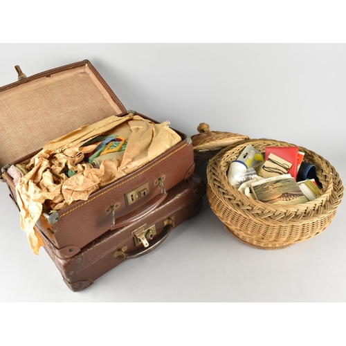 490 - A Vintage Wicker Sewing Basket with Contents Together with Two Cases Containing Various Wool etc