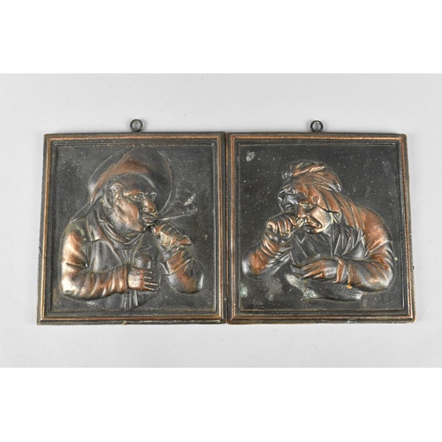 120 - A Pair of Bronze Effect Cast Metal Relief Portraits, Gent Smoking and Lady Taking Snuff, 14cms Squar... 