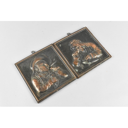 120 - A Pair of Bronze Effect Cast Metal Relief Portraits, Gent Smoking and Lady Taking Snuff, 14cms Squar... 