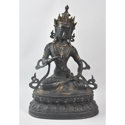 128 - A Large Patinated Bronze Study of Seated Thai Buddha with Jewelled Mask, 32cms High