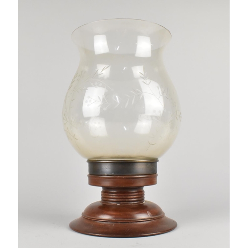 178 - A Modern Etched Glass Candle Lamp on Turned Wooden Socle, Overall Height 34cms