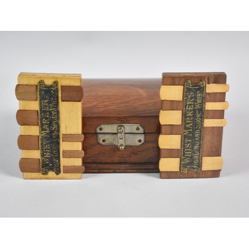 19 - An Edwardian Oak Two Division Playing Card Box with Hinged Lid Containing Two Whist Markers, 17.5cms... 