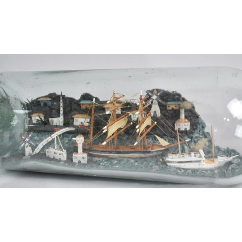 2 - An Early 20th Century Folk Art Diorama in a Bottle Depicting Harbour Scene with Ships, Windmill, Lig... 