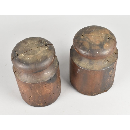 20 - A Pair of 19th Century Wooden Pork Pie Moulds, Splits and have Been Wormed, 15cms High