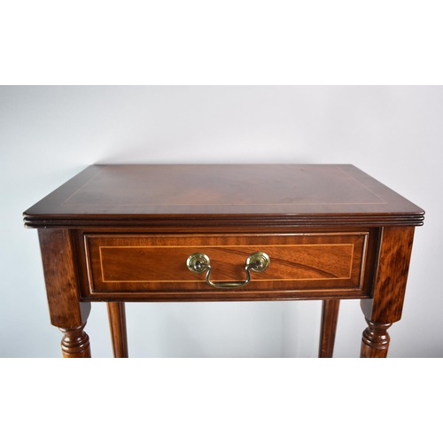 32 - A Reproduction Mahogany Side Table with String Inlay, Single Top Drawer and Stretcher Shelf, Tarping... 