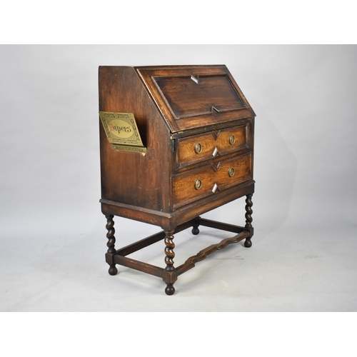 590 - A Mid 20th Century Oak Fall Front Bureau with Two Drawers and Barley Twist Supports, Side Letter Rac... 