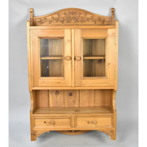 592 - A Late 20th Century Pine Wall Hanging Kitchen Cabinet with Glazed Shelved Top Section and Two Drawer... 