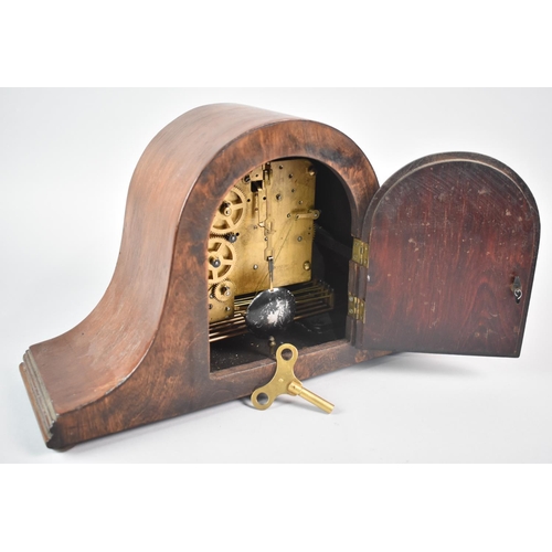 6 - A Mid 20th Century Napoleon Hat Westminster Chime Mantel Clock with Key and Pendulum, 37cms Long