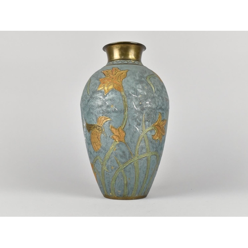 74 - A Painted Bronze Vase Decorated with Flowers, 26cms High