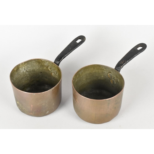 79 - A Pair of 19th Century Miniature Copper Saucepans with Iron Handles, 9.5cms Diameter