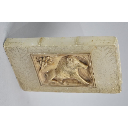 9 - A 19th Century Carved Alabaster Paperweight in the Form of a Book with Seated Wild Boar in Relief, P... 