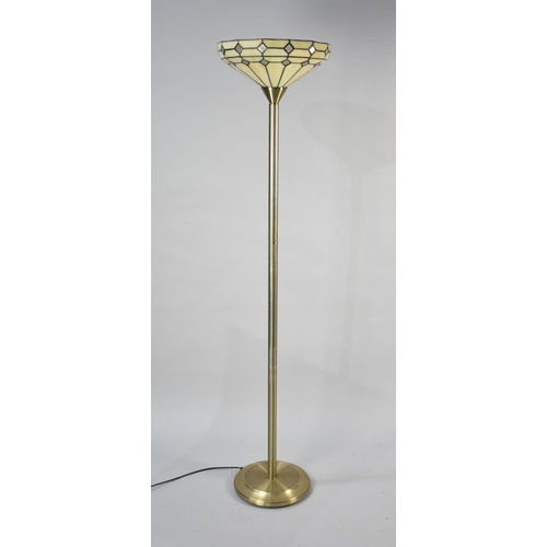 95 - A Modern Uplighter with Reeded Support and Brass Support and Tiffany Style Shade